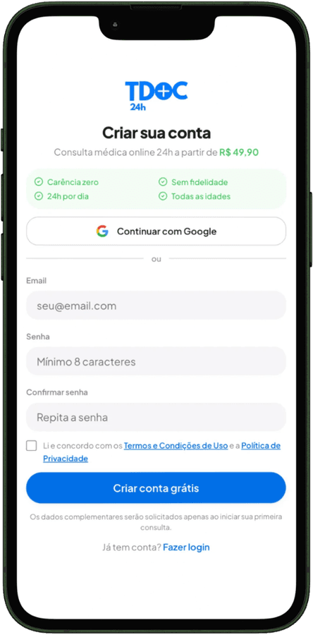 Tela de criar conta no Teledoc24h
